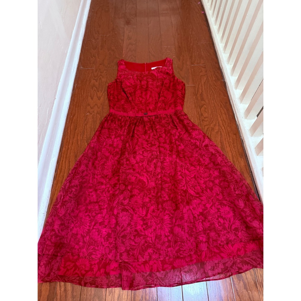 Sigrid‎ Olsen Retro Red Floral Jacquard Midi Dress Sleeveless Cocktail Size 6